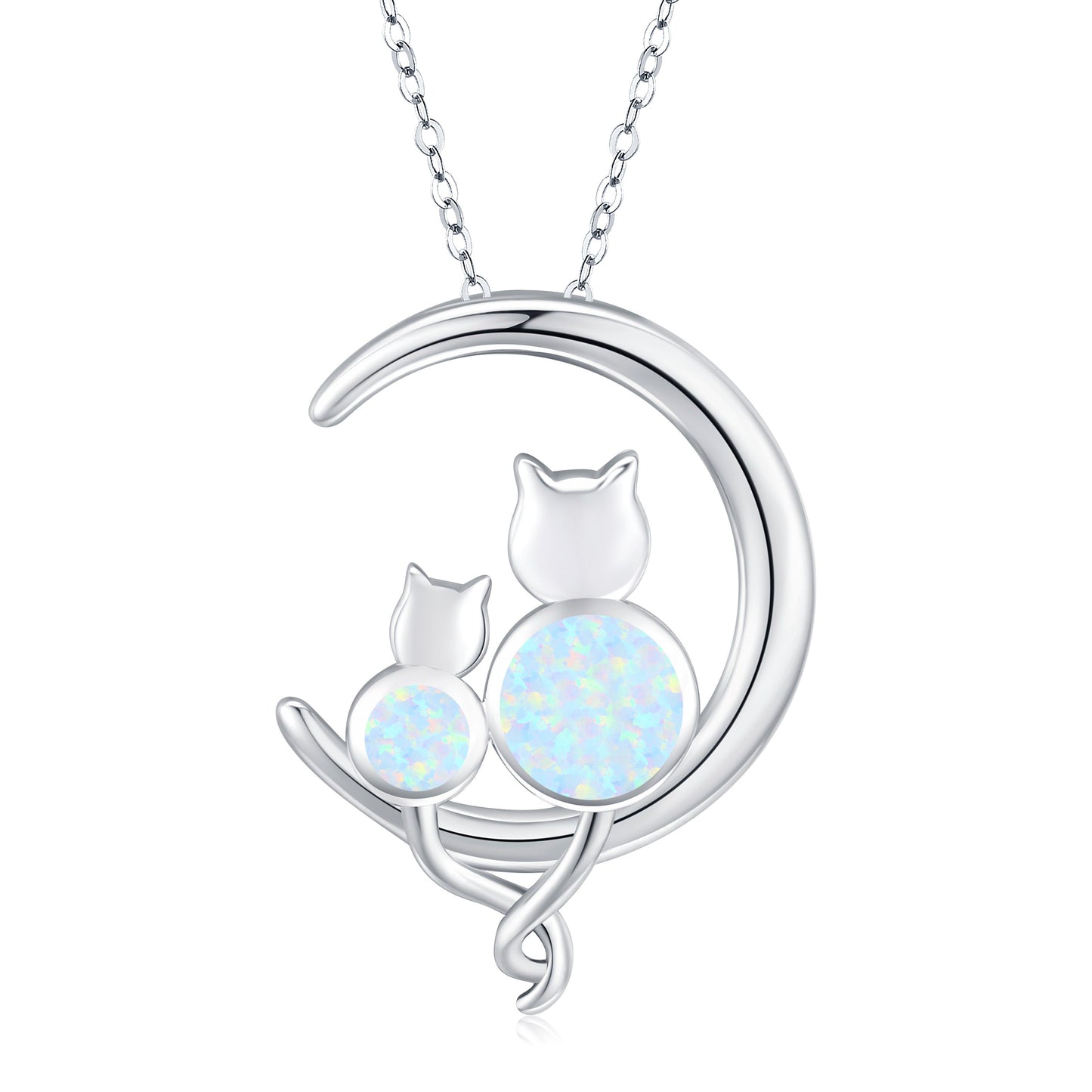 925 Sterling Silver Crescent Moon Opal Cat Pendant Necklace