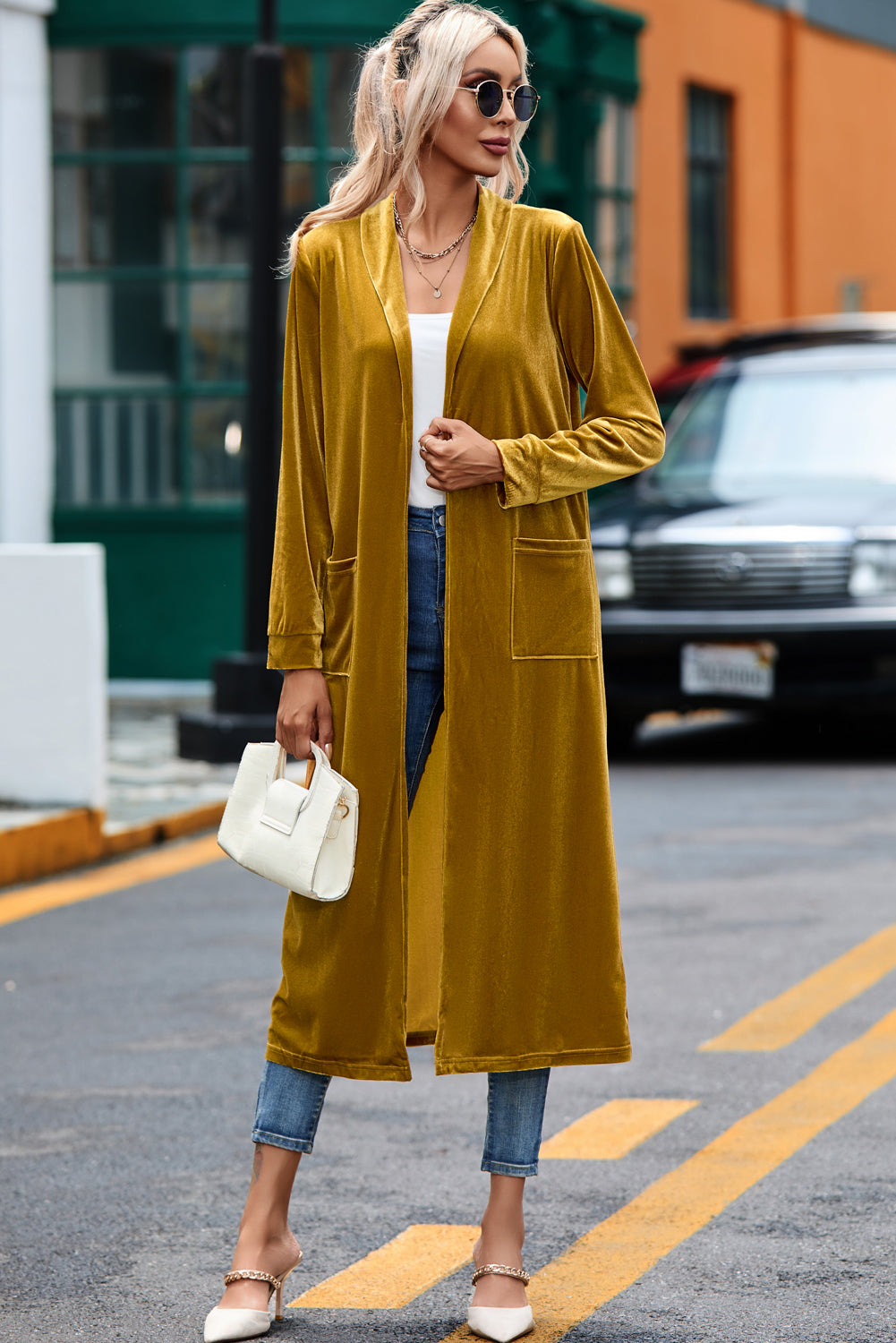 Velvet Open-Front Pocketed Cardigan