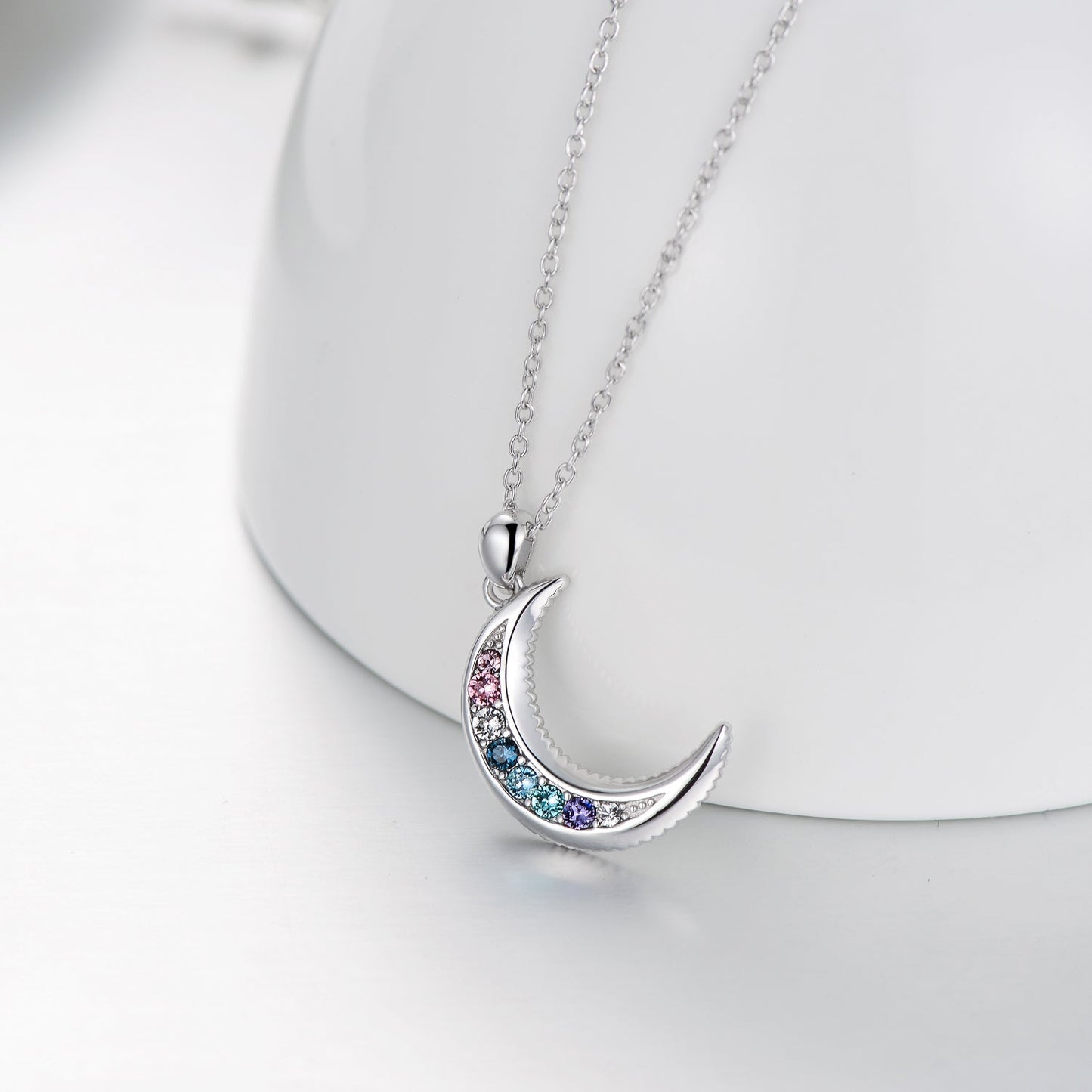 Sterling Silver Moon Necklace Crescent Moon Pendant with Crystals