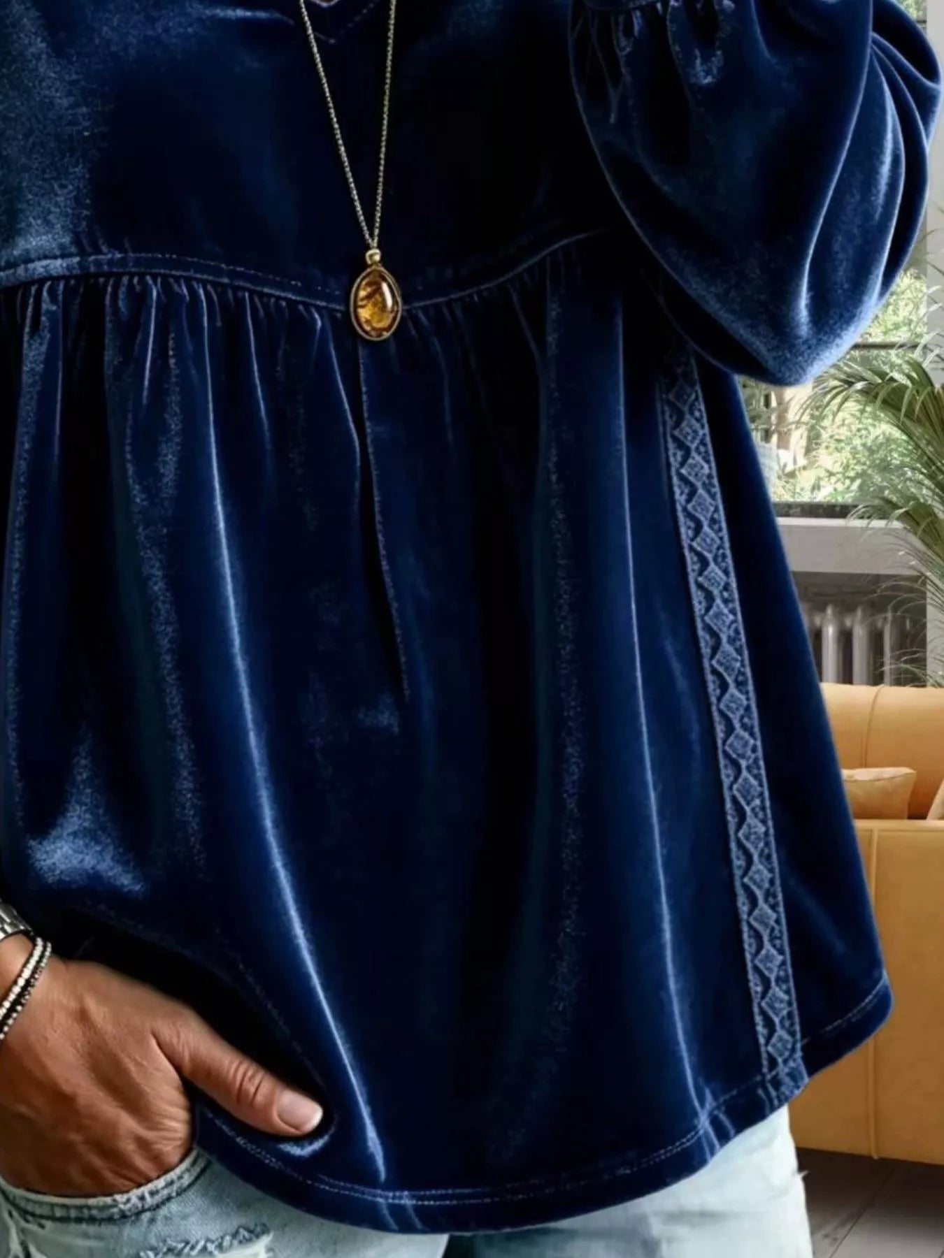 Full Size Velvet Lace Detail V-Neck Blouse Plus Size