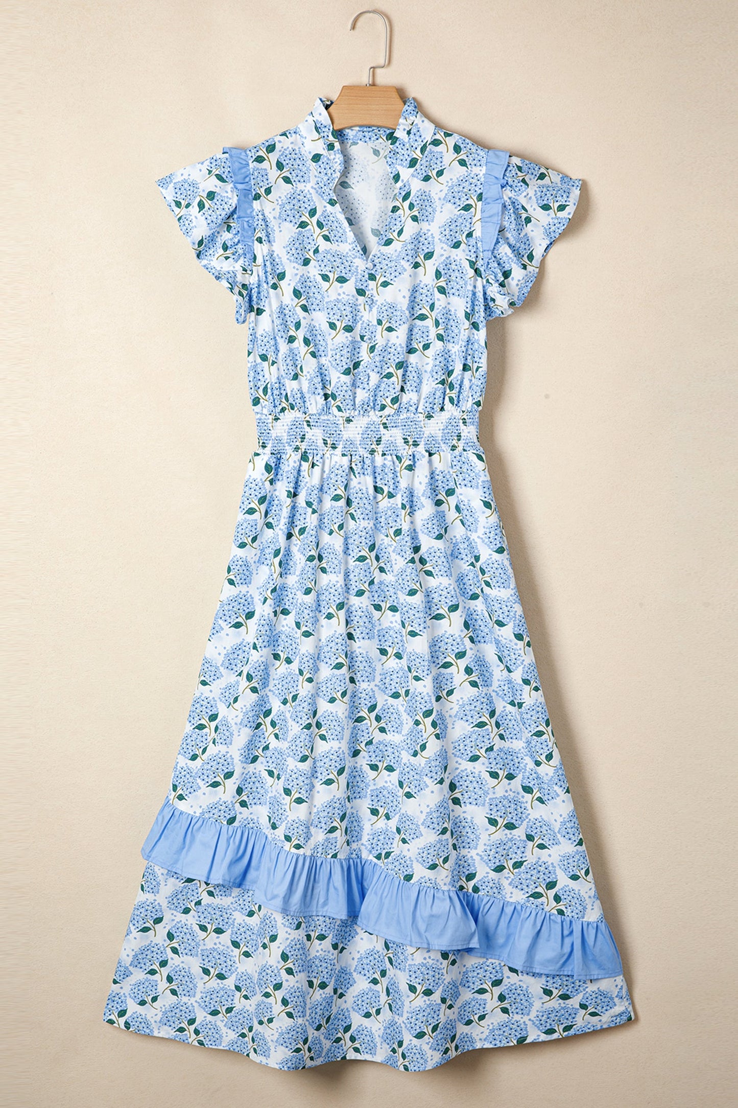 Floral Hydrangea Ruffle Trim Flutter Sleeve Maxi Dress