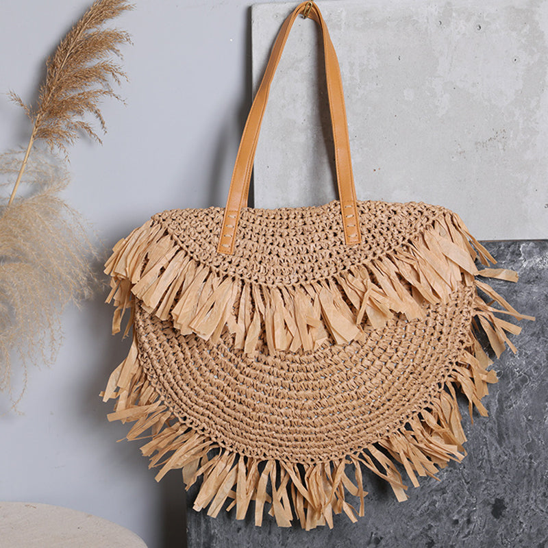 Simple Tassel Straw Shoulder Bag Women Design Handbag Bohemian Round Woven Large Capacity Tote Summer Beach Travel Shopper Purse