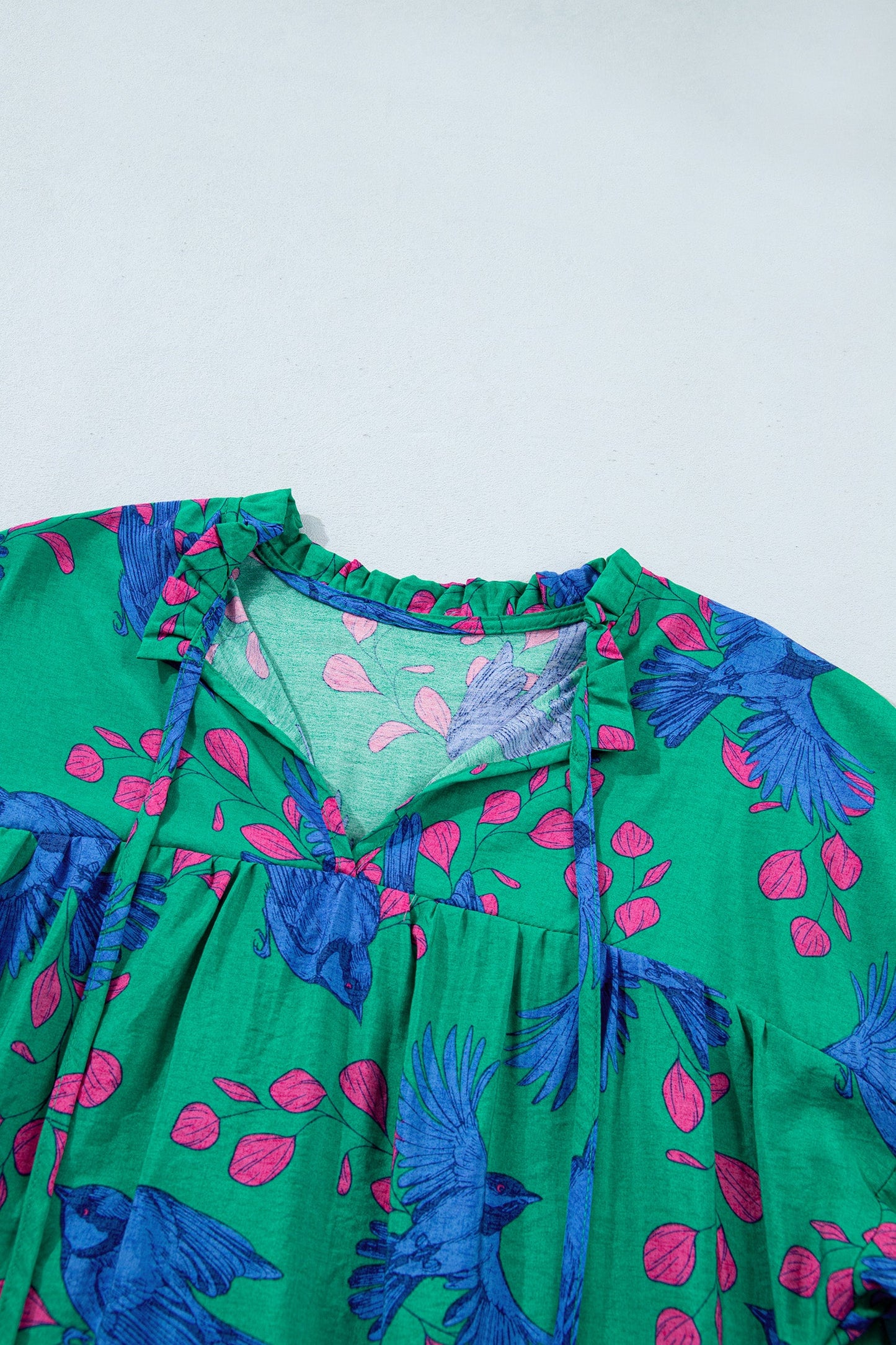 Abstract Floral Bird V-Neck Flounced Puff Sleeve Blouse