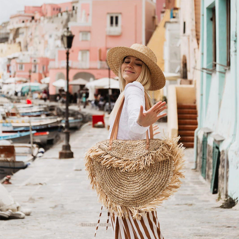 Simple Tassel Straw Shoulder Bag Women Design Handbag Bohemian Round Woven Large Capacity Tote Summer Beach Travel Shopper Purse
