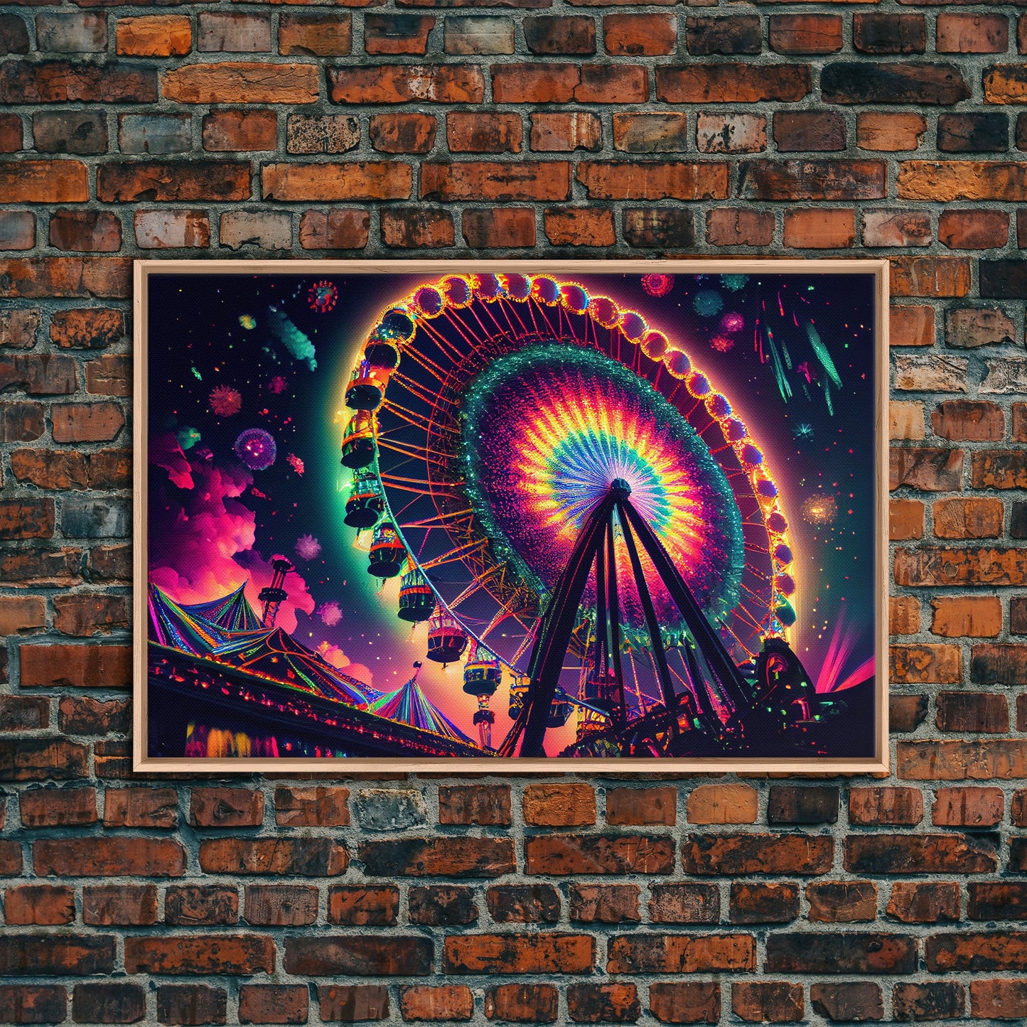 Colorful boardwalk art, neon lit night time ferris wheel, framed canvas print, framed wall art