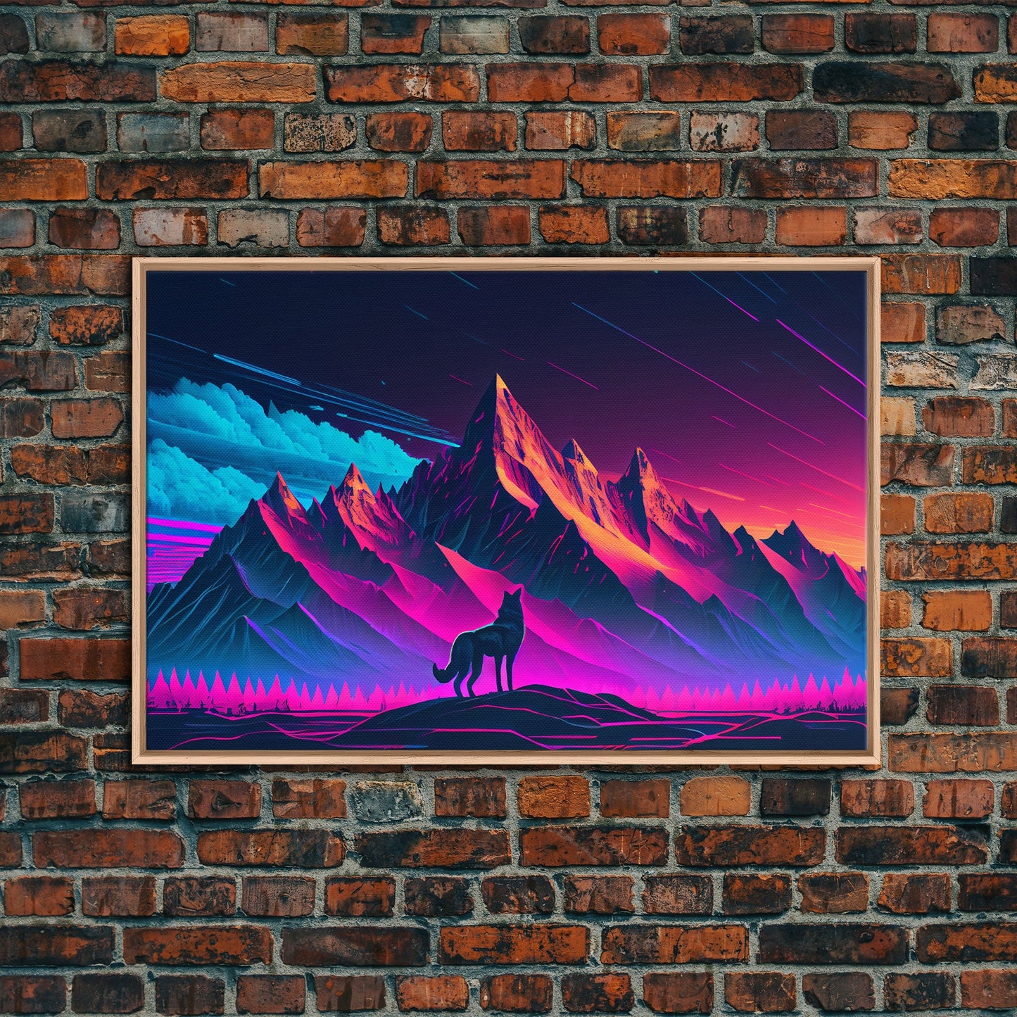 Retro style art, wolf looking on the mountains, framed canvas print, pastel art