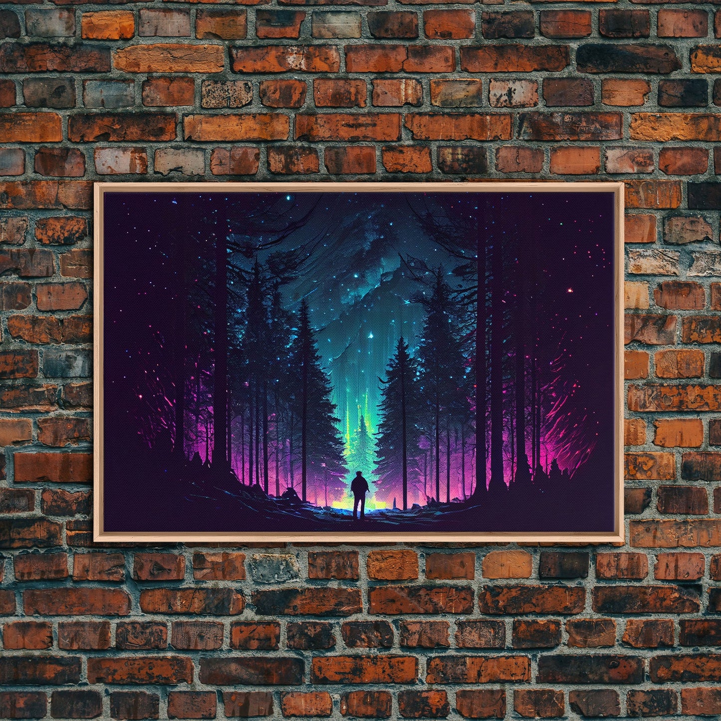Contemplating the stars, vaporwave aesthetic, forest art, starry night, framed canvas print