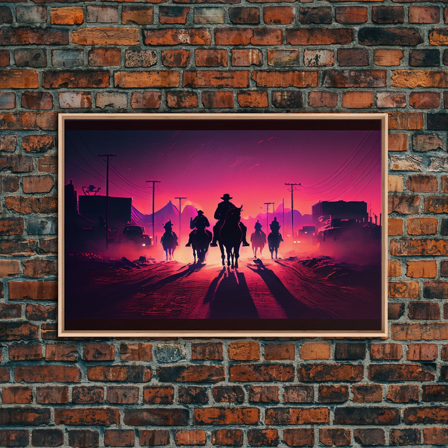 Retro Synthwave Style Post-Apocalyptic Cowboys, framed canvas print, retro outrun style wild west art