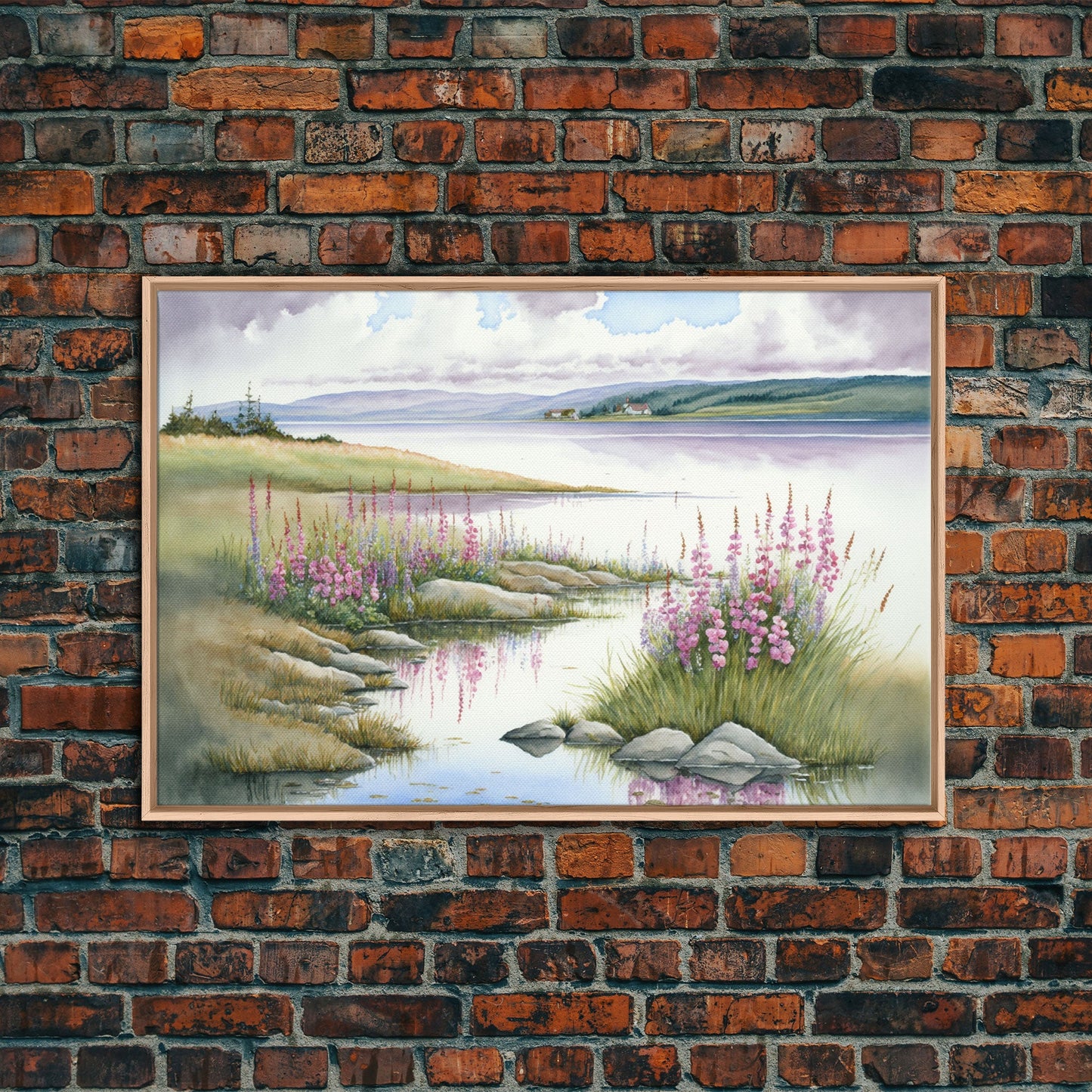 Pink flower landscape art, beautiful nature watercolor painting canvas print, Framed Canvas Print, Wall decoration, living room wall art