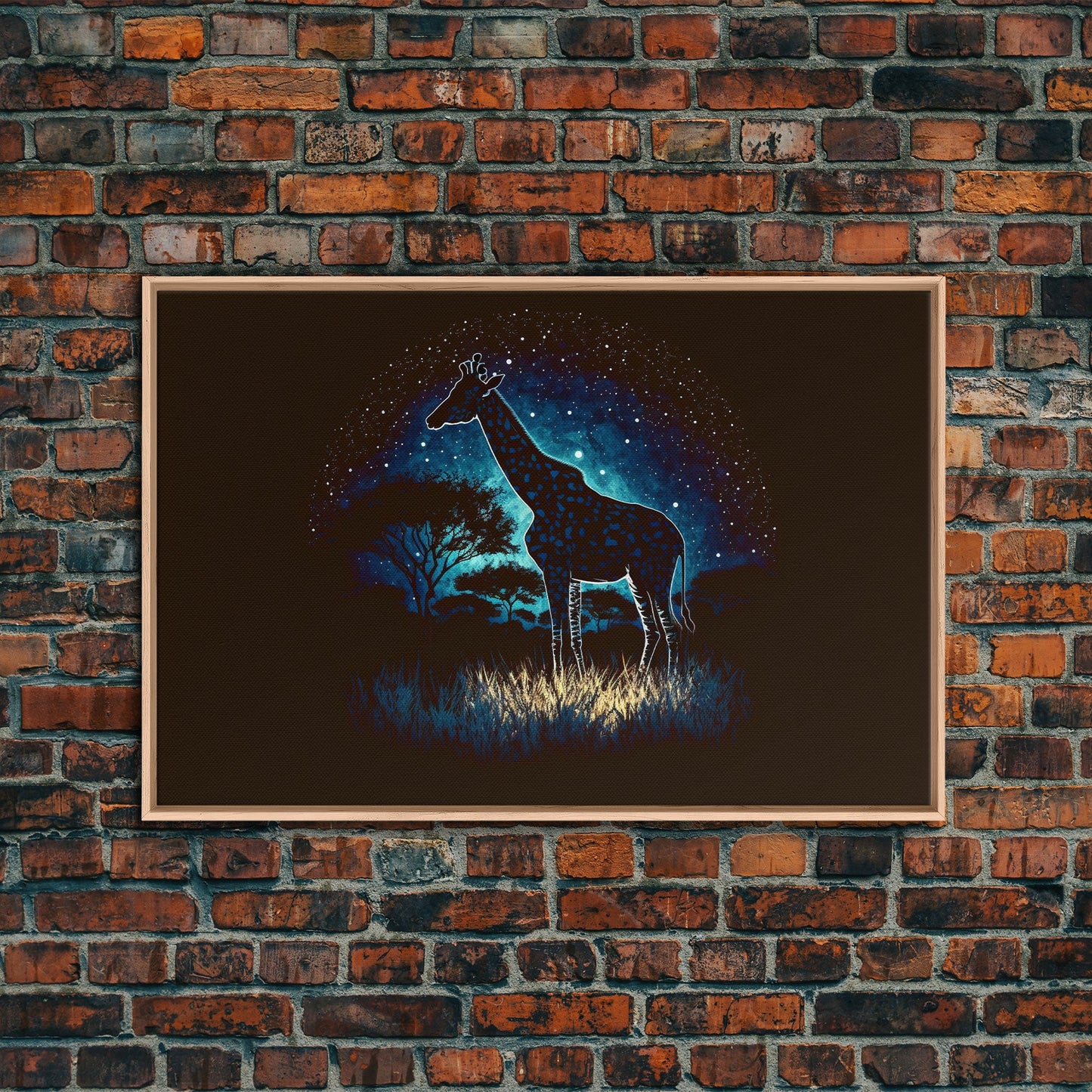 Starry Night over Africa, Giraffe Print, Framed Canvas Art, Galaxy Night Sky, Mancave decor