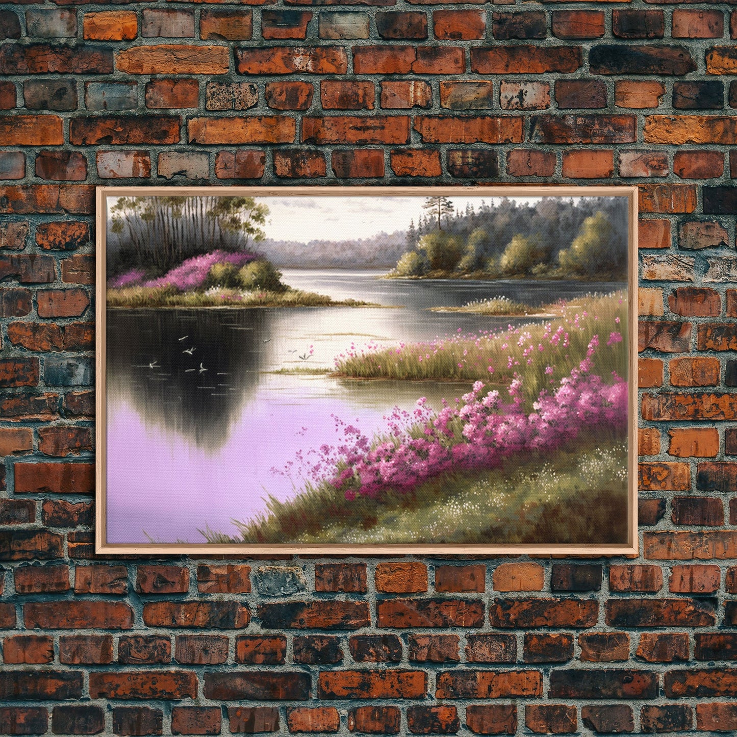 Pink flower landscape art, beautiful nature watercolor painting canvas print, Framed Canvas Print, Wall decoration, living room wall art