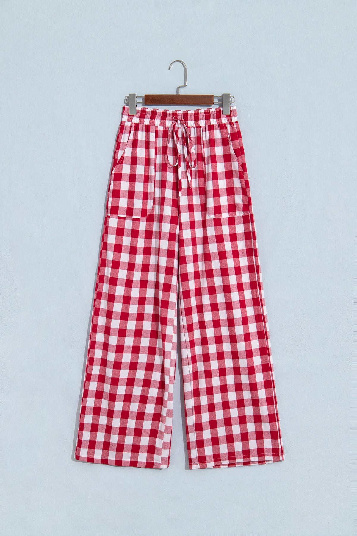 Gingham Drawstring High Waist Wide Leg Pants