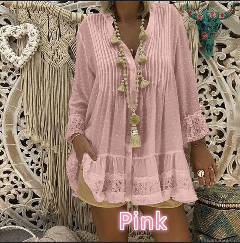 Sheer loose blouse w/ laced cuffs