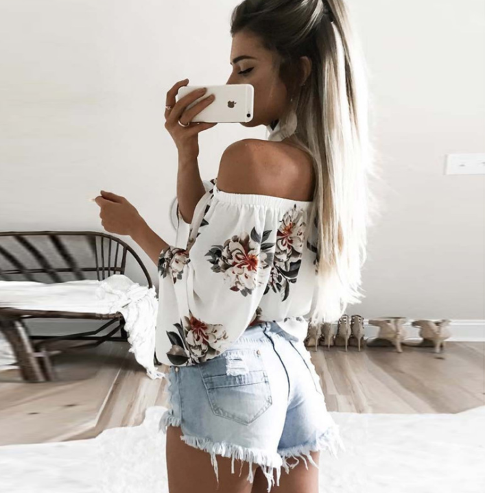 Flora Print Chiffon Off Shoulder Blouse