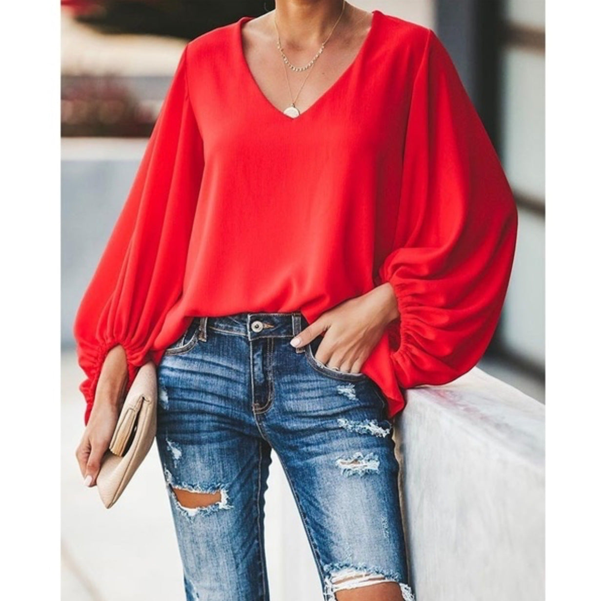 V-neck blouse with lantern sleeves