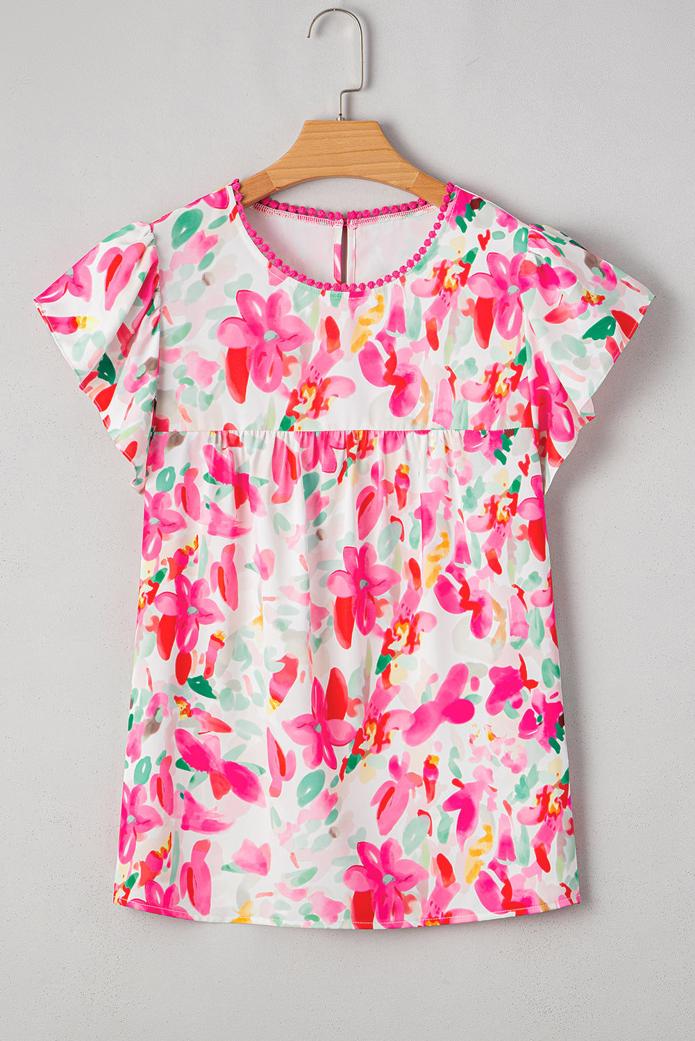 Floral Flutter Sleeve Round Neck Blouse