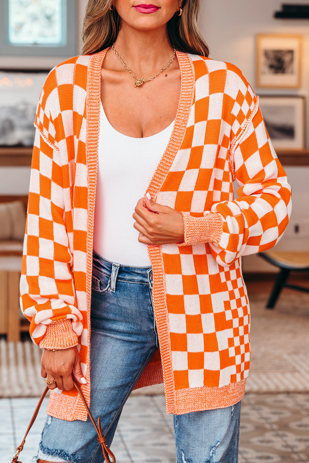 Wrenley Checkered Open Front Drop Shoulder Cardigan