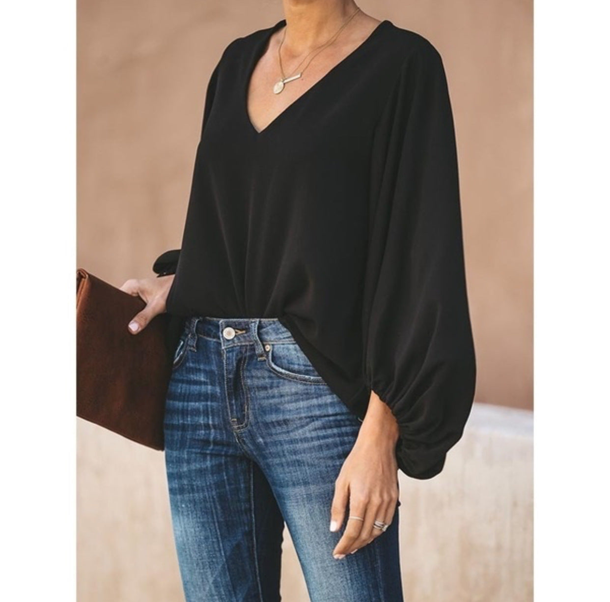 V-neck blouse with lantern sleeves