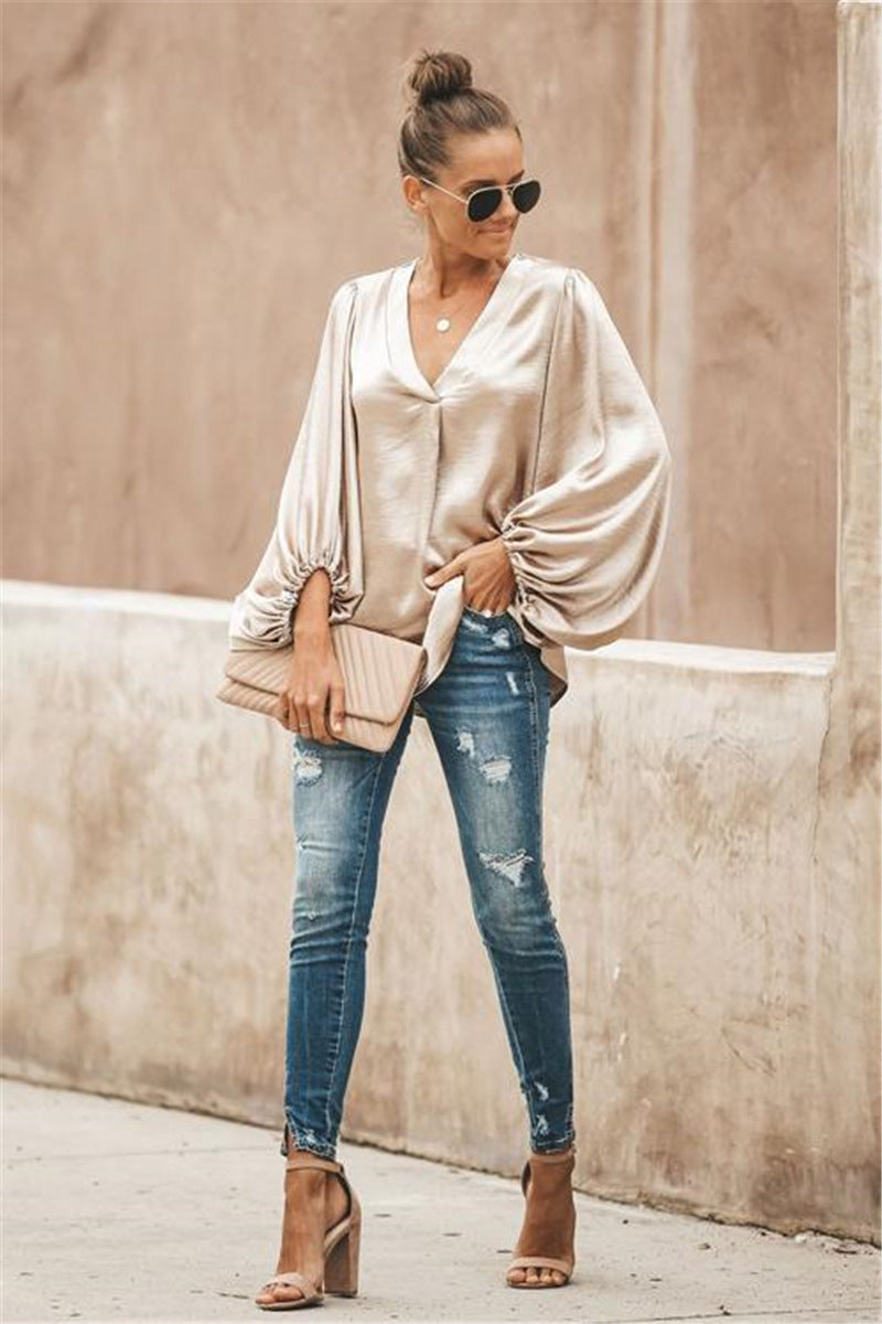 Casual V-neck long sleeve blouse