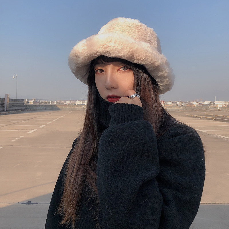 Winter Women's Thickened Imitation Rabbit Fur Flat Top Japanese Fisherman Hat