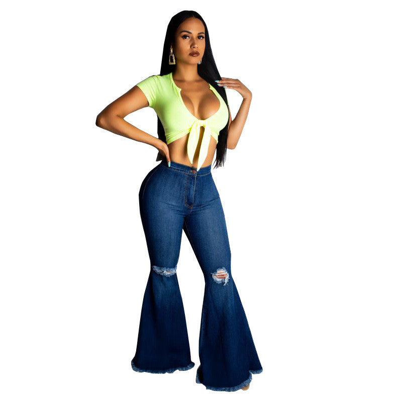 European And American Fashion All-match Wide-legged Knee Hole Raw Edge Trousers