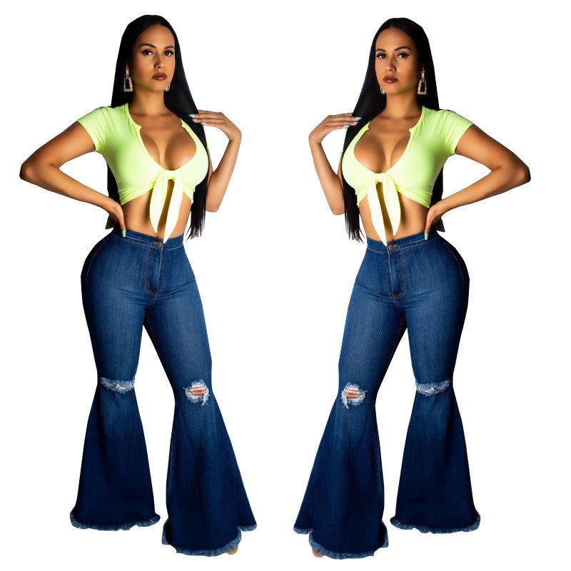 European And American Fashion All-match Wide-legged Knee Hole Raw Edge Trousers