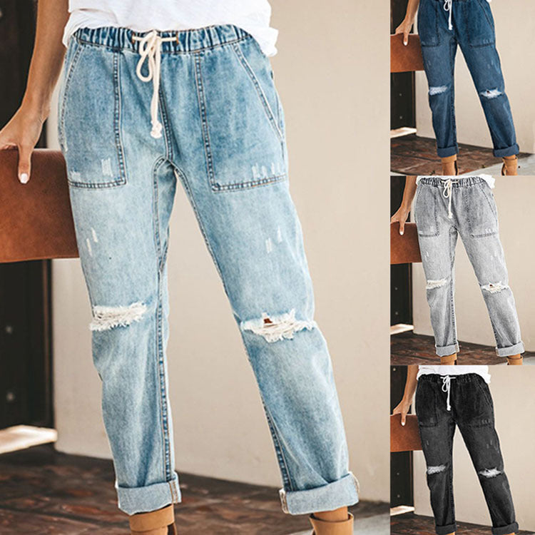 Cross-Border Wish AliExpress Women's Jeans Fashion Casual Street Hipster Korean Style Straight Leg Pants Ripped Trousers