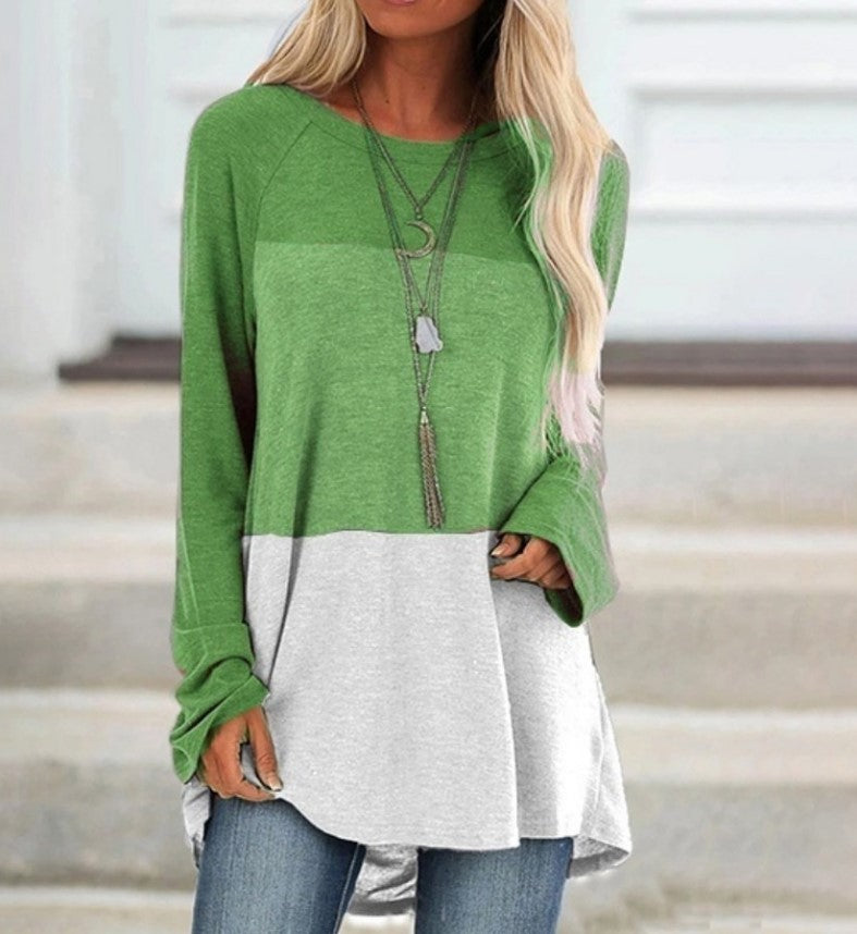 New Women's Long Sleeved Round Neck Stitching Casual Plus Size T Shirt