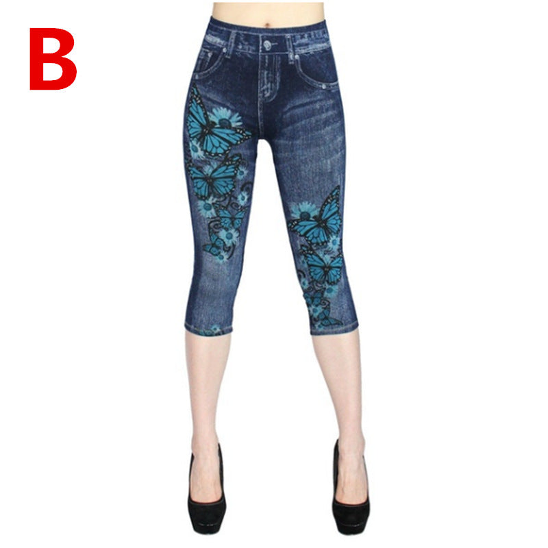 Imitation Denim Leggings Cropped Trousers