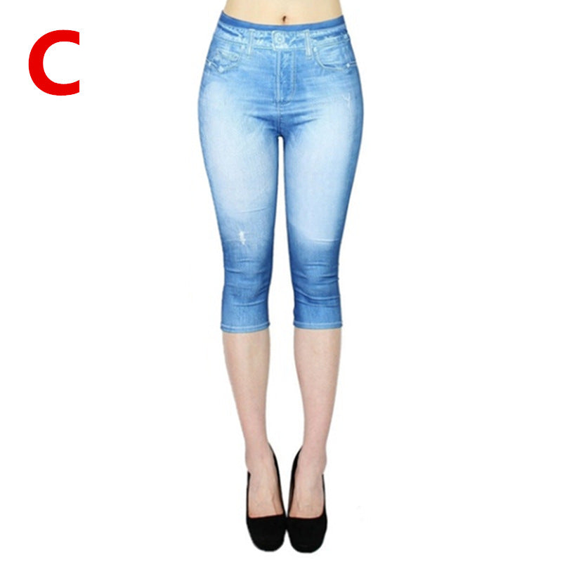 Imitation Denim Leggings Cropped Trousers