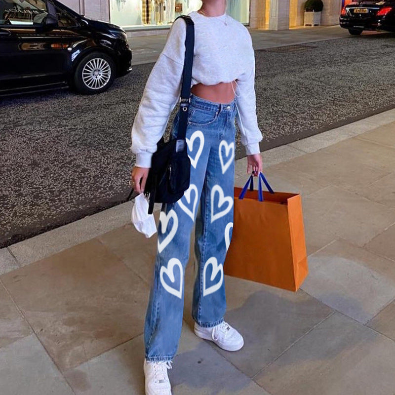 Graffiti Print Loose Straight Jeans Women's Fashion High Waist Casual Pants