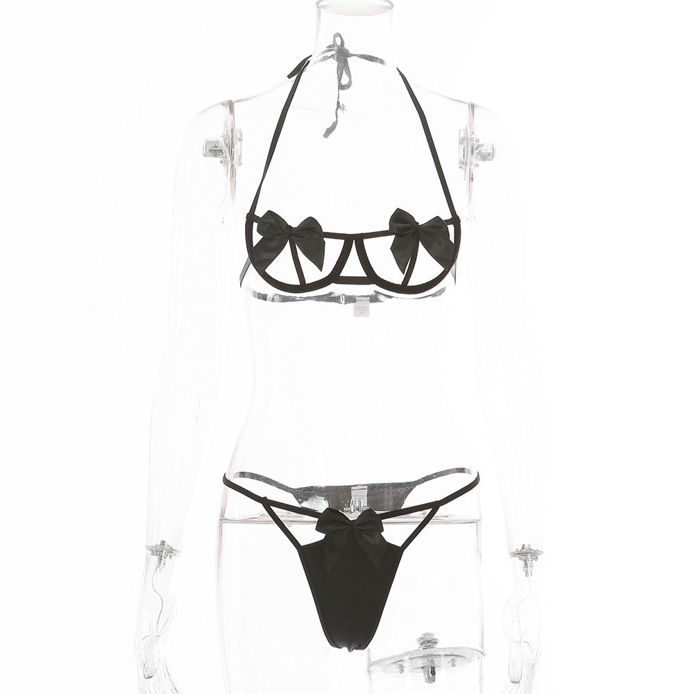 Two-piece Set Of Hollow Female Sexy Lingerie With Bow Tie