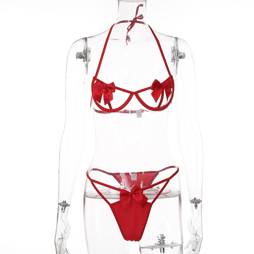 Two-piece Set Of Hollow Female Sexy Lingerie With Bow Tie