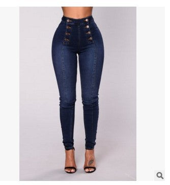 High-waisted Casual Jeans Trousers Double Row Multi-button