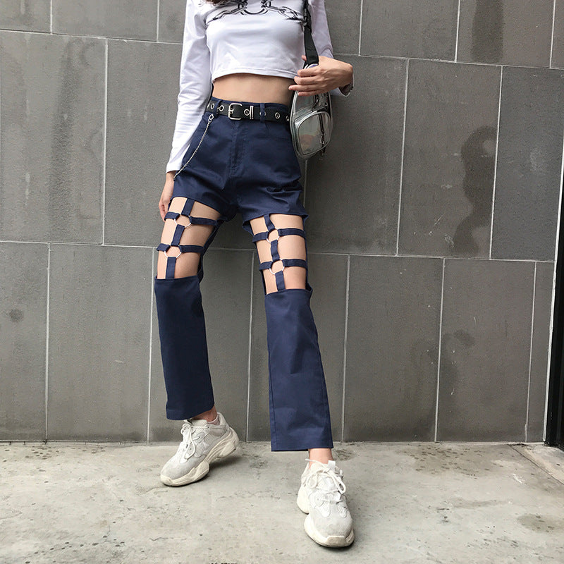 Spring sexy hollow hollow leg straight overalls women Europe and America retro loose high waist handsome casual pants