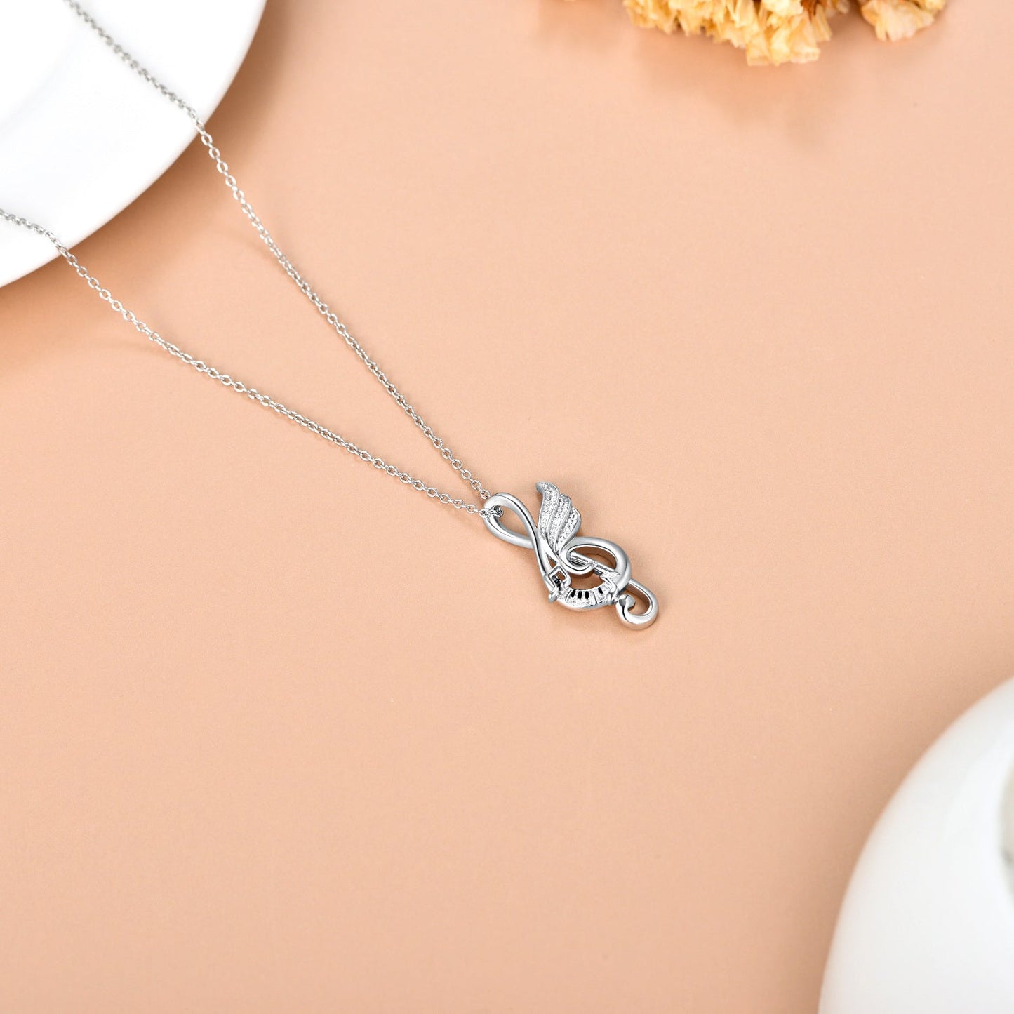 Sterling Silver Music Note with Dream Wing Piano Treble Clefs Necklace