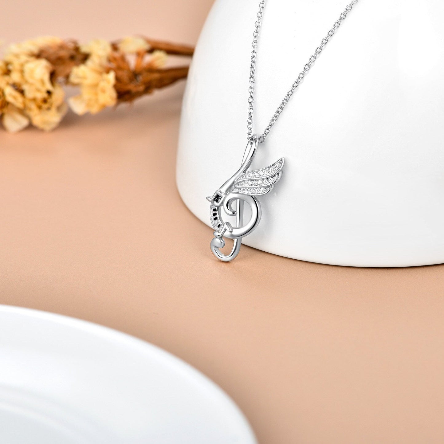 Sterling Silver Music Note with Dream Wing Piano Treble Clefs Necklace