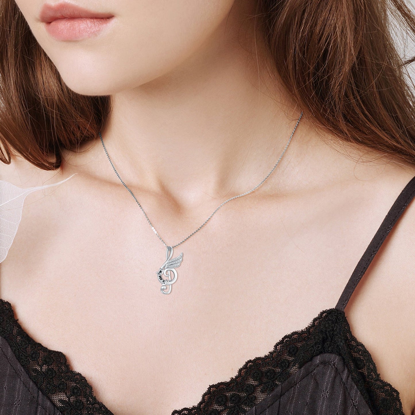 Sterling Silver Music Note with Dream Wing Piano Treble Clefs Necklace