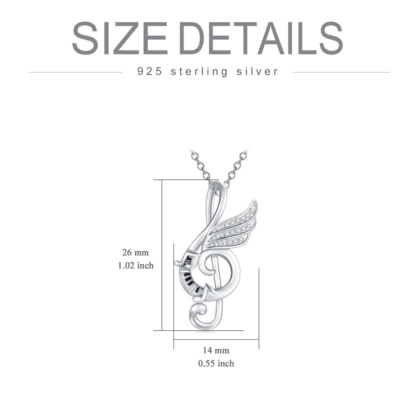 Sterling Silver Music Note with Dream Wing Piano Treble Clefs Necklace