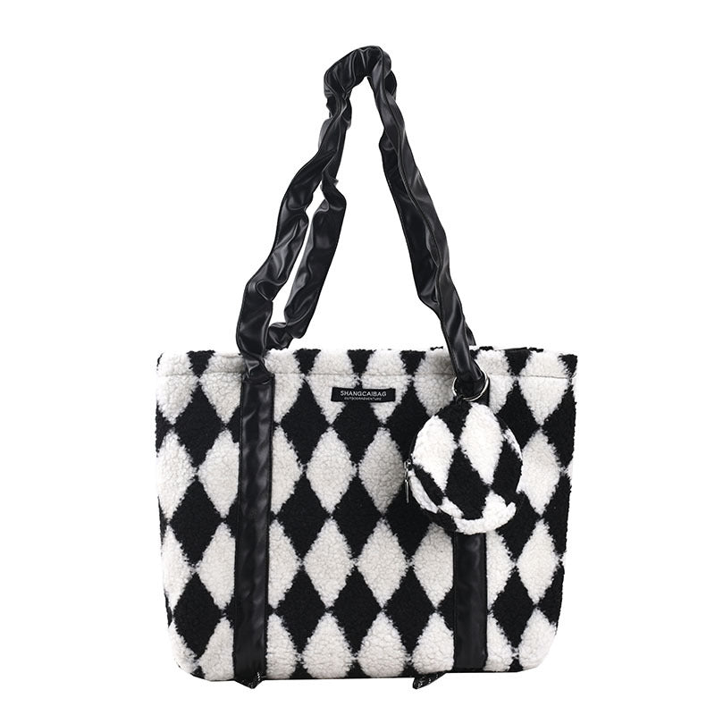 Diamond Check Color Contrast Personality Plush Coin Purse Pendant