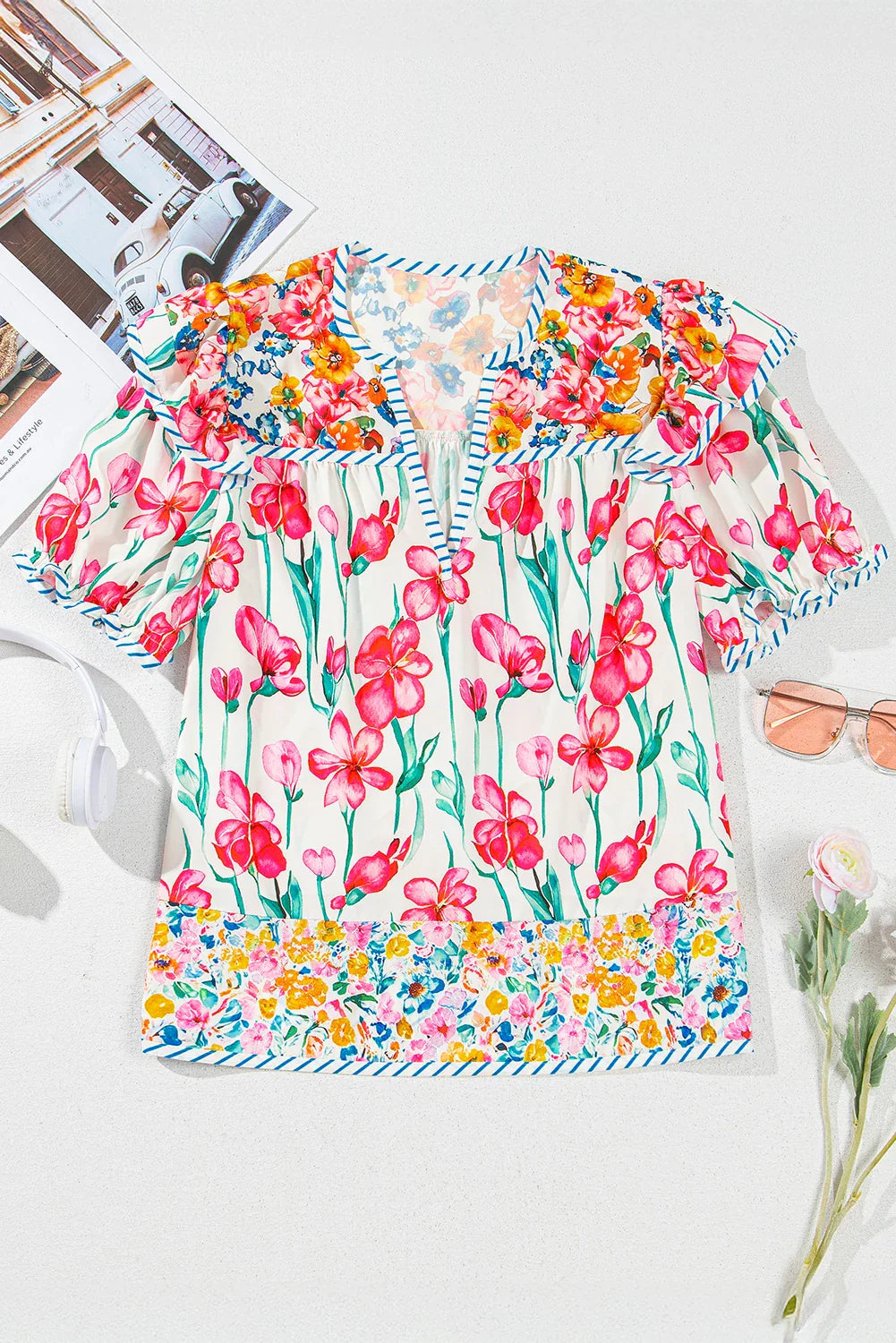 Floral Stripe Trim Split Neck Short Sleeve Blouse