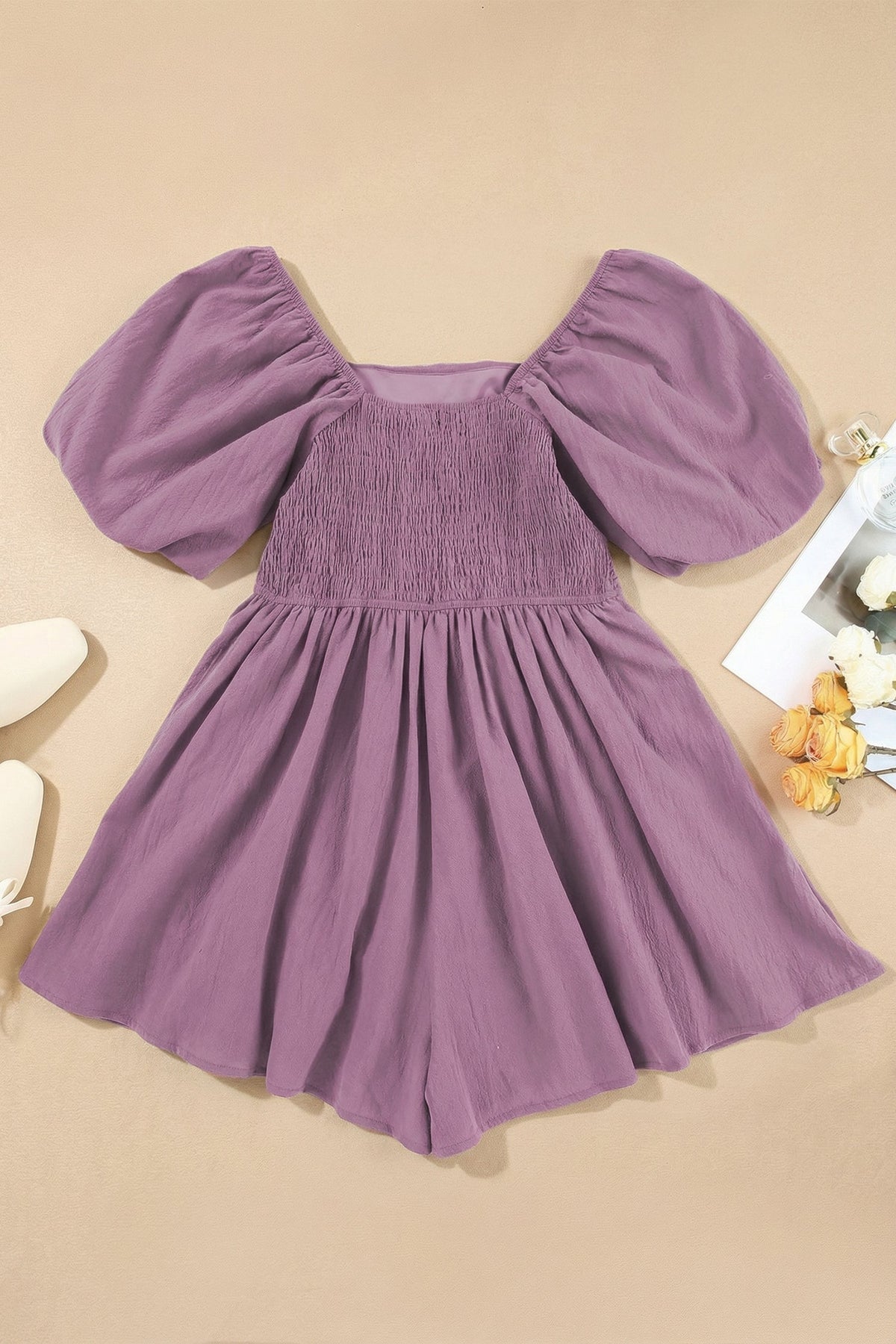 Solid Square Neck Ruched Puff Sleeve Romper