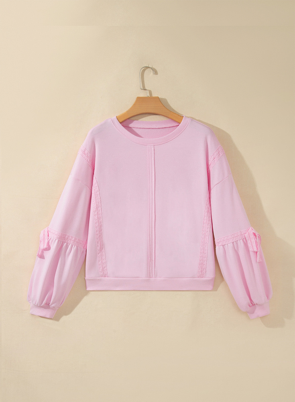 Lace Trim Bow Tie Sleeve Raw Seam Sweatshirt