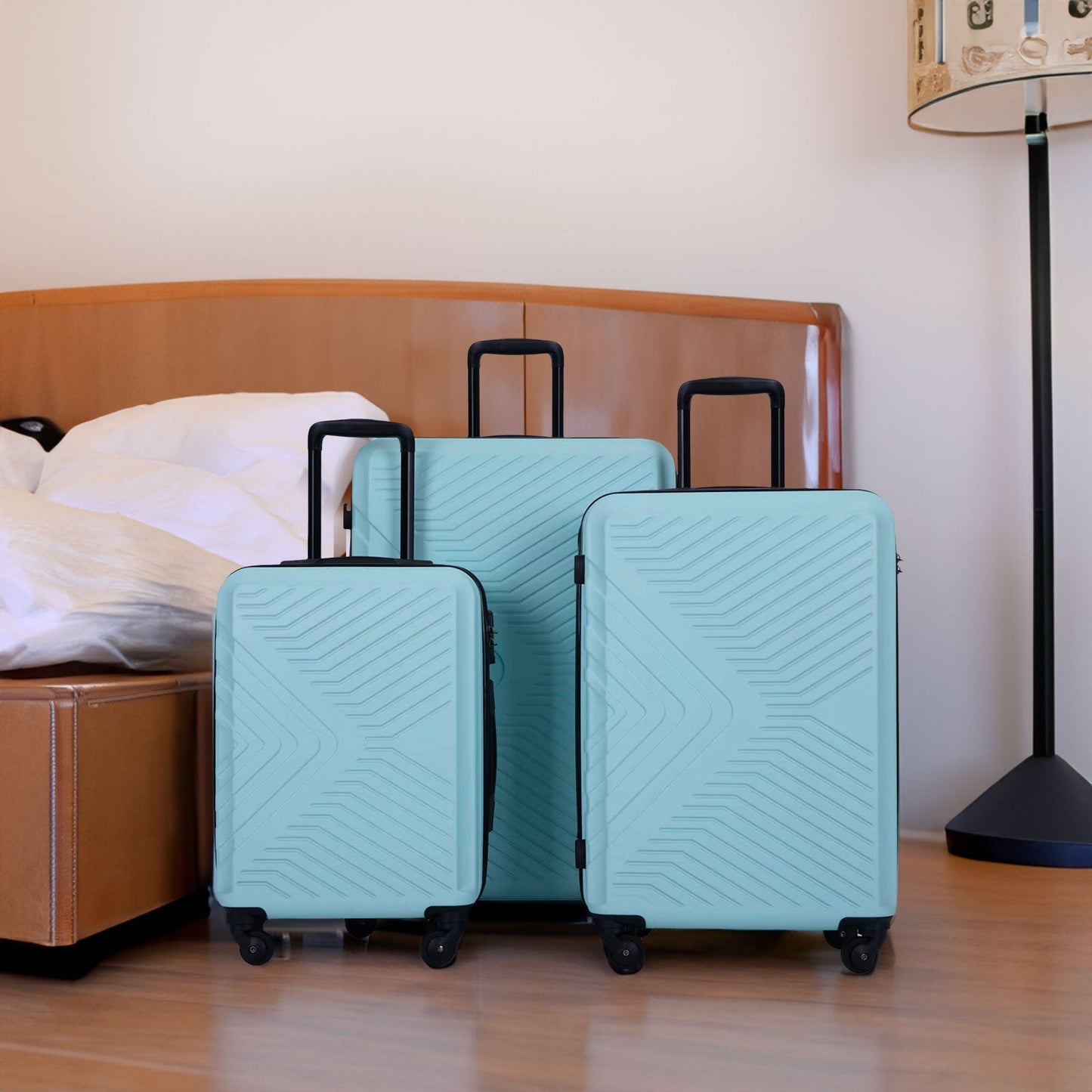 3 Piece Luggage Sets ABS Lightweight Suitcase with Two Hooks, Spinner Wheels, TSA Lock, (20/24/28)   Green