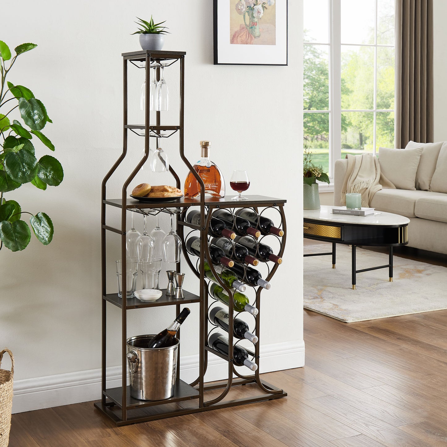 Grey 11 bottle wine grill, 5-layer independent wine rack, with hanging glass rack and storage rack for home wine storage