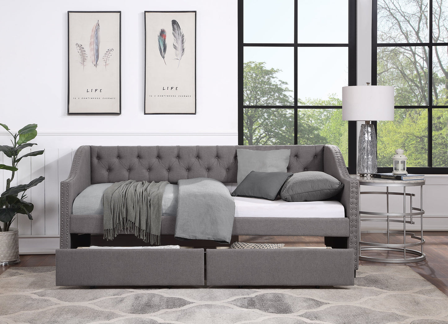 Upholstered Twin Size daybed with Two Drawers Wood Slat Support Gray
