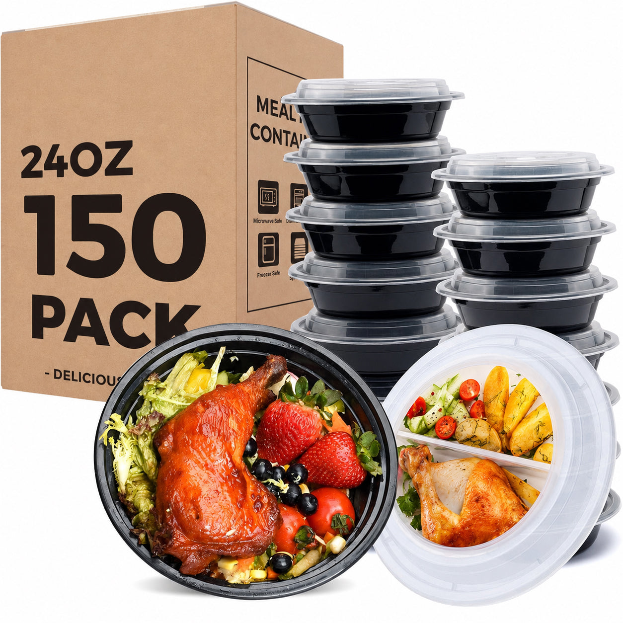 150 Pack 24OZ Round Meal Prep Containers Wholesale