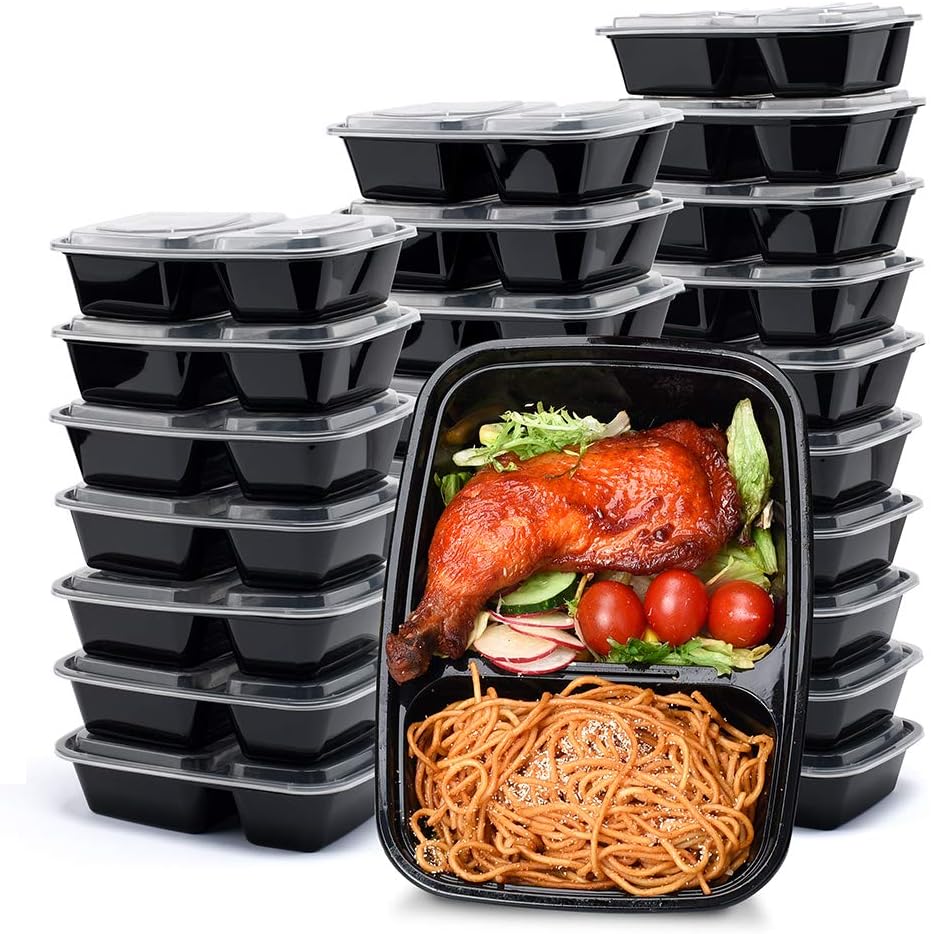 50 Pack 32OZ  2 square Compartment Meal Prep Containers Reusable, Food Containers with Lids