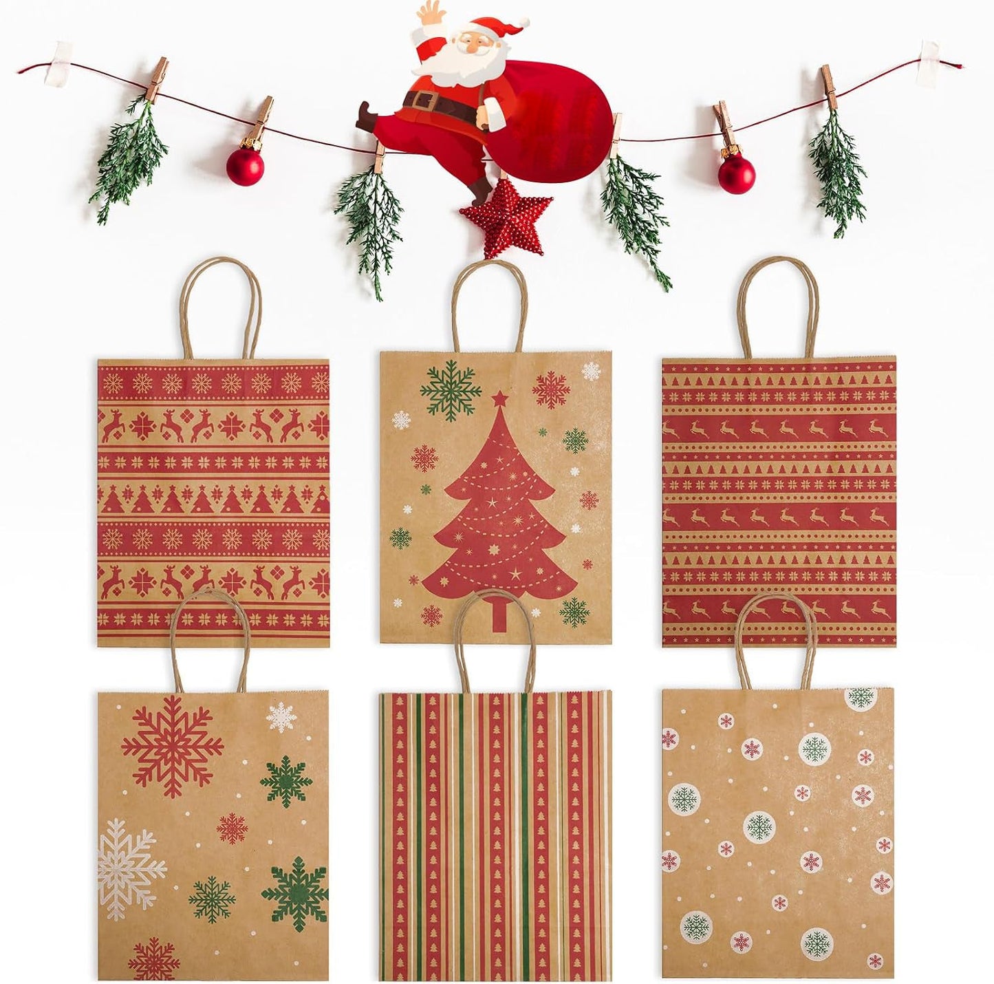 8.6x7x3.3 Inch Kraft Paper Christmas Gift Bags | 384 Pack Wholesale