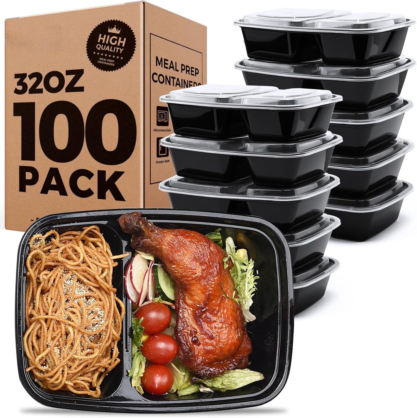 100 Pack 32OZ Meal Prep Containers 2-Compartment Wholesale